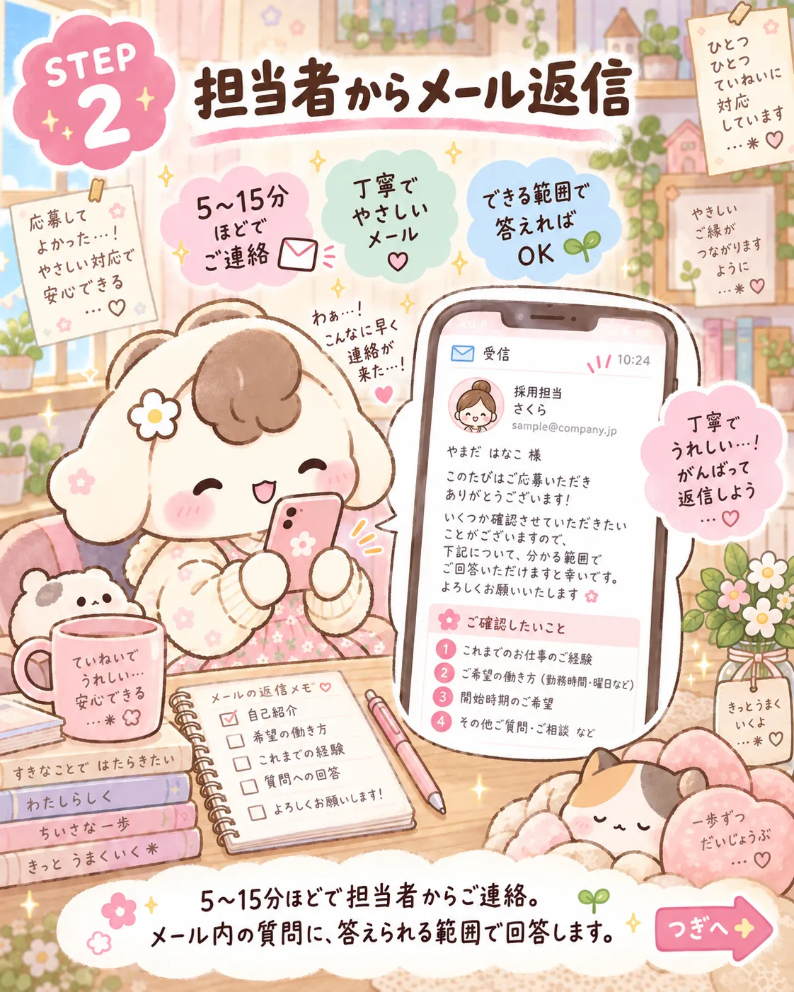 応募後に担当者から届いたメールをスマートフォンで確認する女性のイメージ