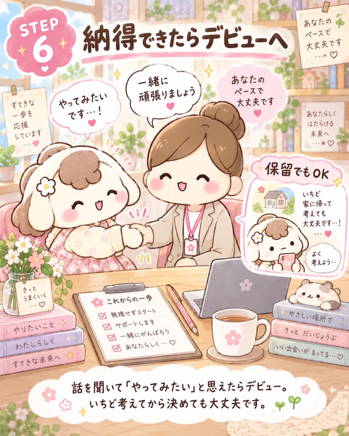 面接後に仕事内容を理解しデビューを検討する女性のイメージ